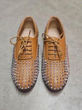 Studded Tan Faux Leather Oxford Shoes With Silver Spikes Lace-Up Design Statemen